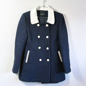 Double Breasted Navy Pea Coat with white collar and buttons, Size S - XS